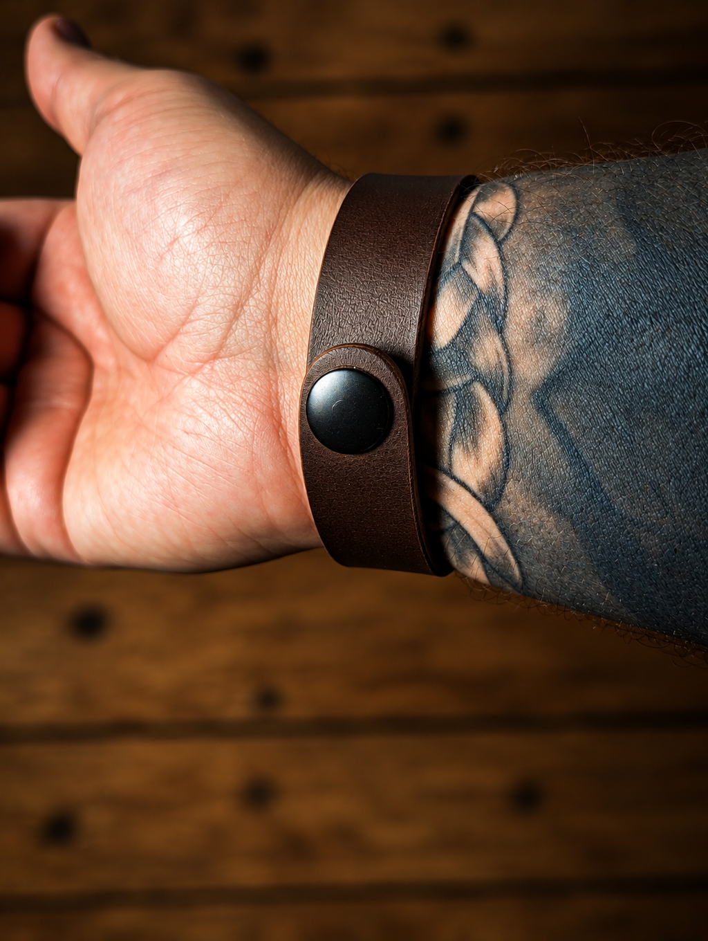 Handgefertigtes Lederarmband mit schlichtem Design. Unterseite mit Druckknopf in Braun