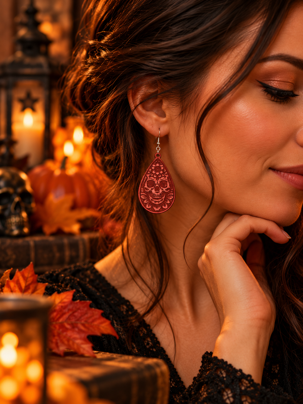 Halloween-Ohrringe aus Leder – Fledermaus, Hexe & Schädel