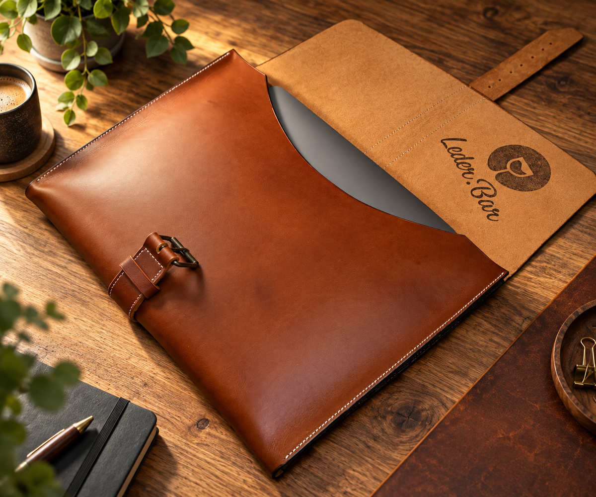 Handgefertigte Leder-Laptoptasche „Heritage“. Geöffnet