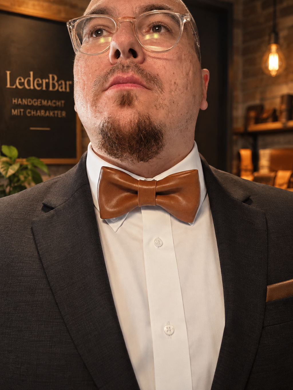 Handgemachte Lederfliege „Buttero“ aus italienischem Echtleder. Getragen mit schwarzem Anzug