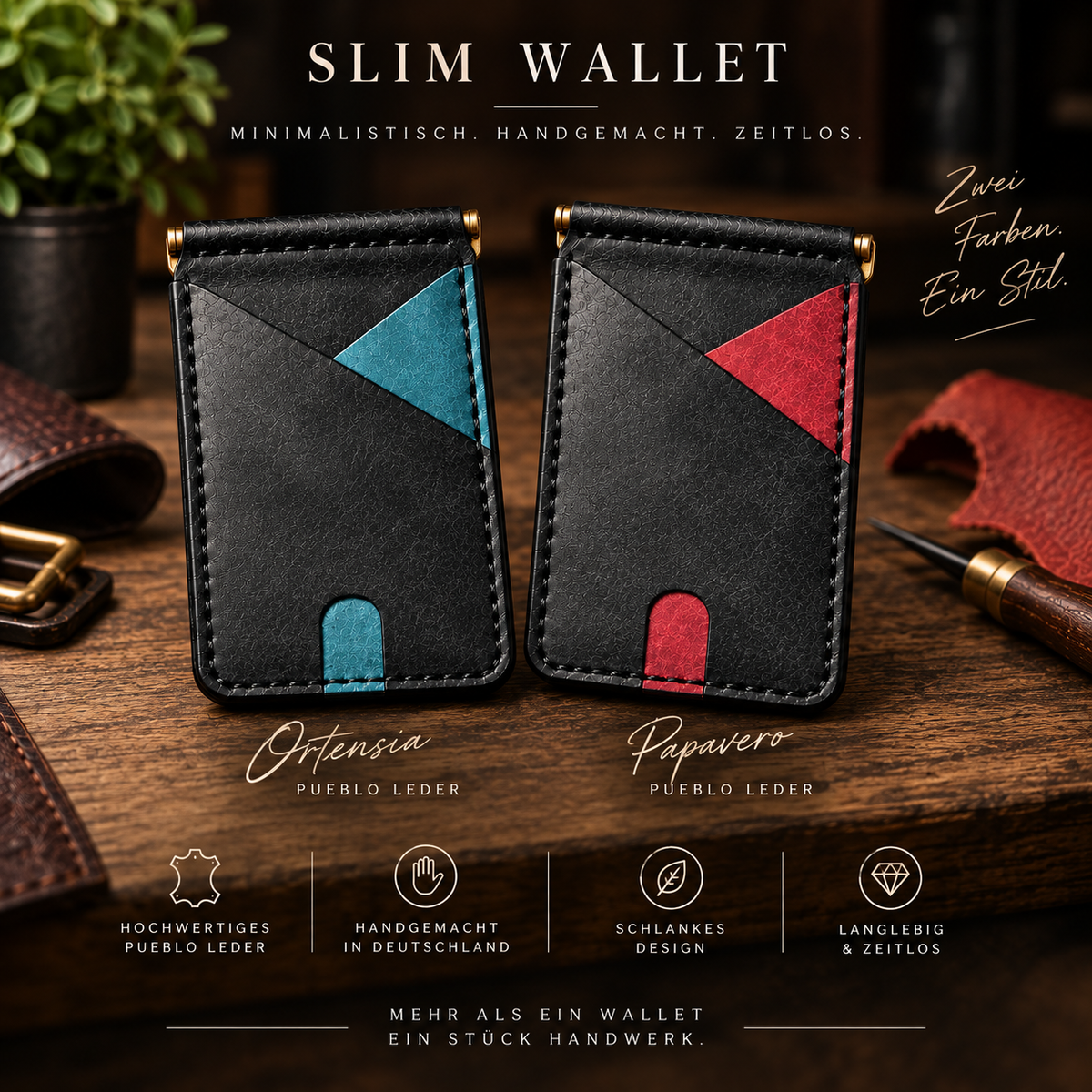 Slim Wallet „Nero“ aus italienischem Pueblo-Leder. Übersicht