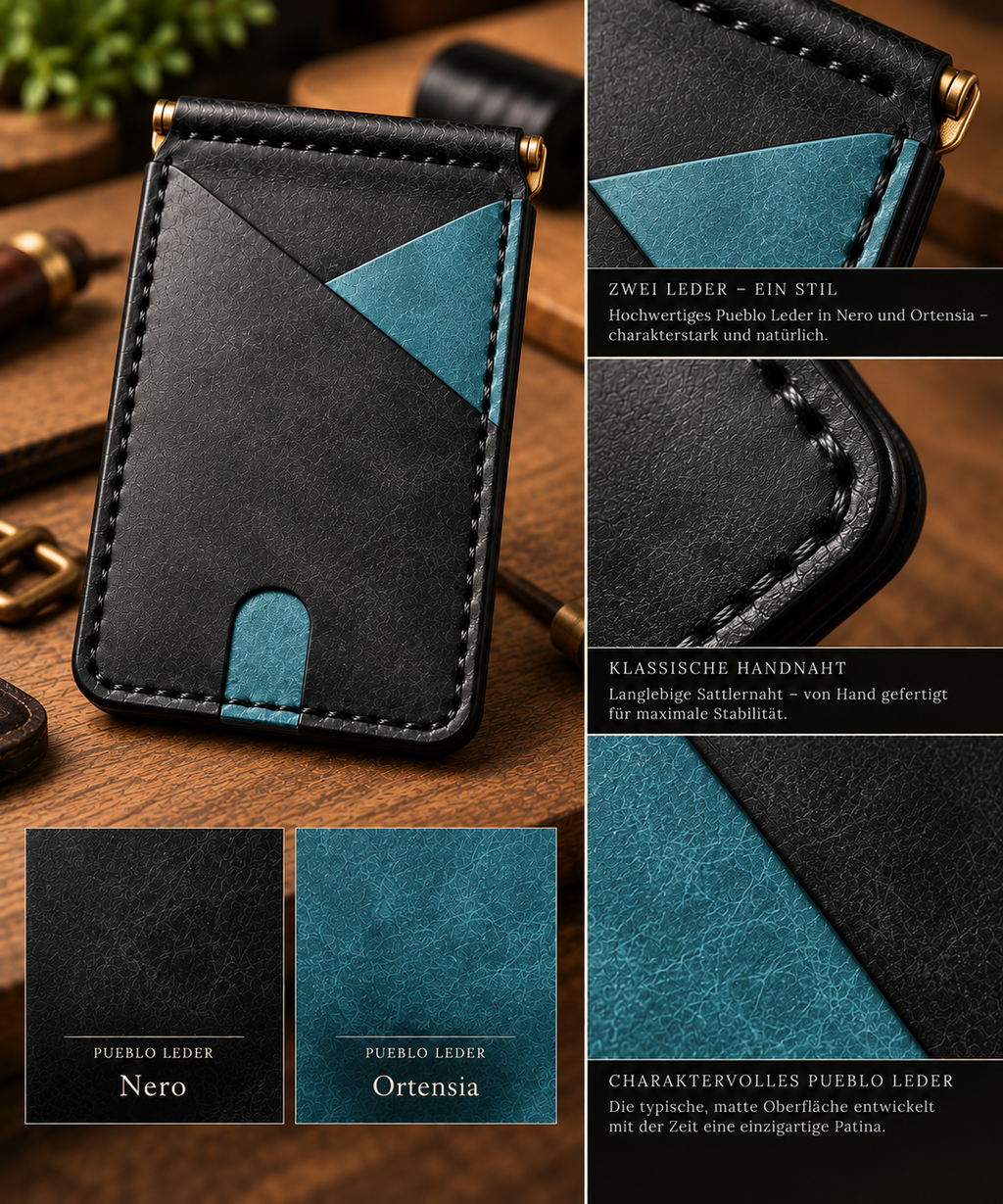 Slim Wallet „Nero“ aus italienischem Pueblo-Leder. Blaue Details