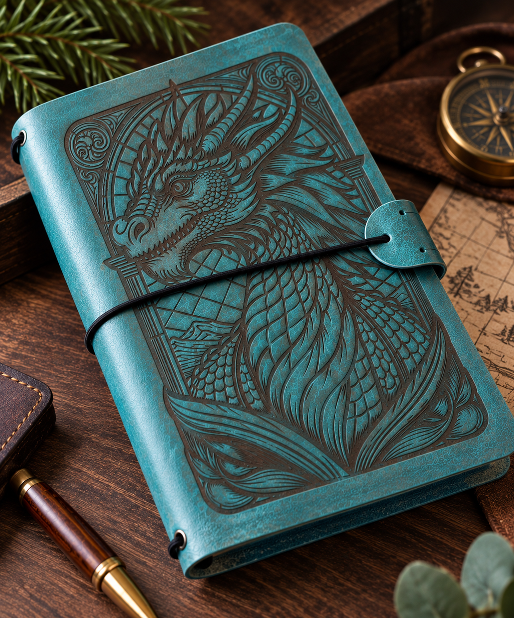 Handgefertigte DIN-A5-Notizbuchhülle aus Leder mit Fantasy-Motiv. Drache in Türkis