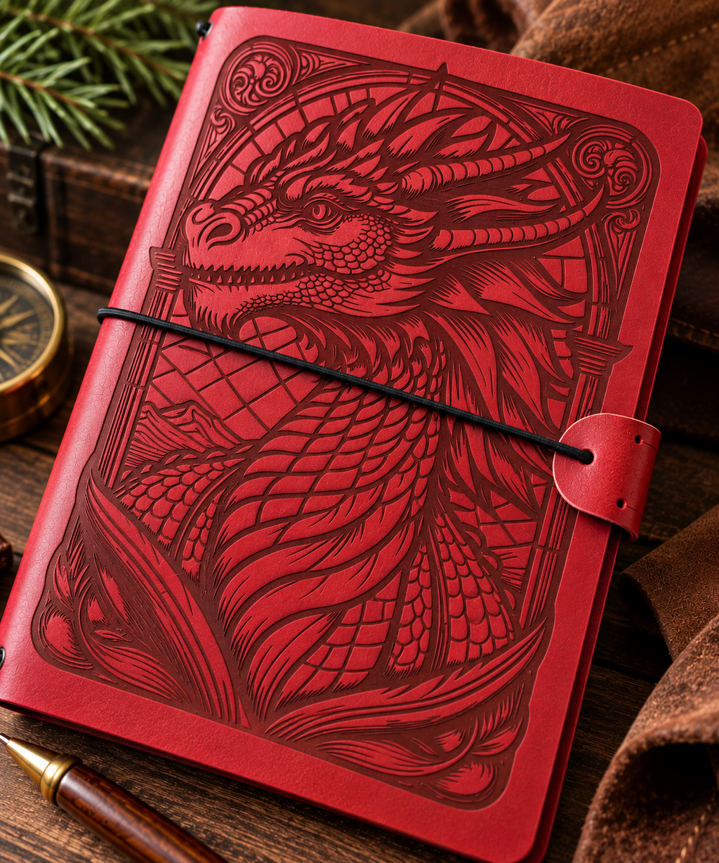Handgefertigte DIN-A5-Notizbuchhülle aus Leder mit Fantasy-Motiv. Drache in Rot