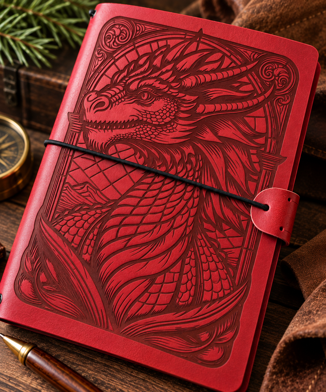 Handgefertigte DIN-A5-Notizbuchhülle aus Leder mit Fantasy-Motiv. Drache in Rot