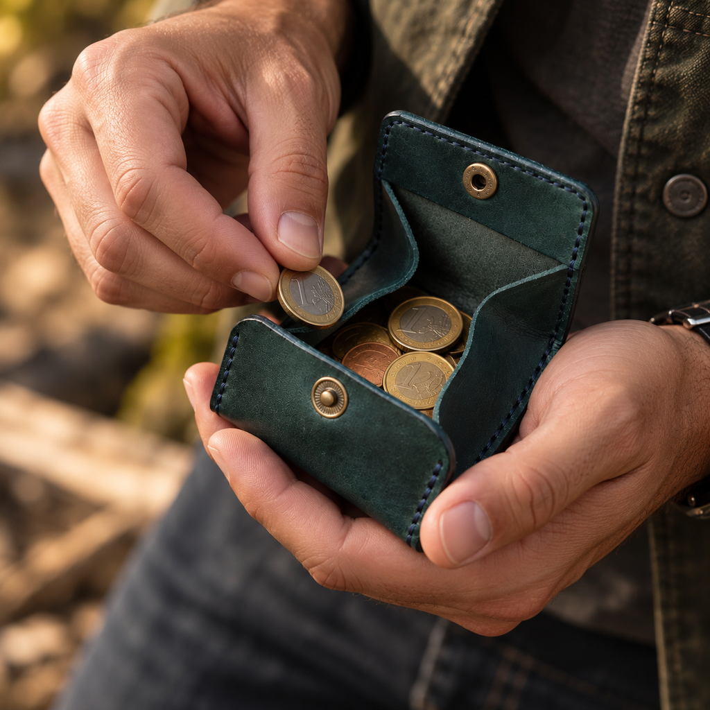 Pieno Coin Wallet aus italienischem Leder. In der Hand gehalten und geöffnet
