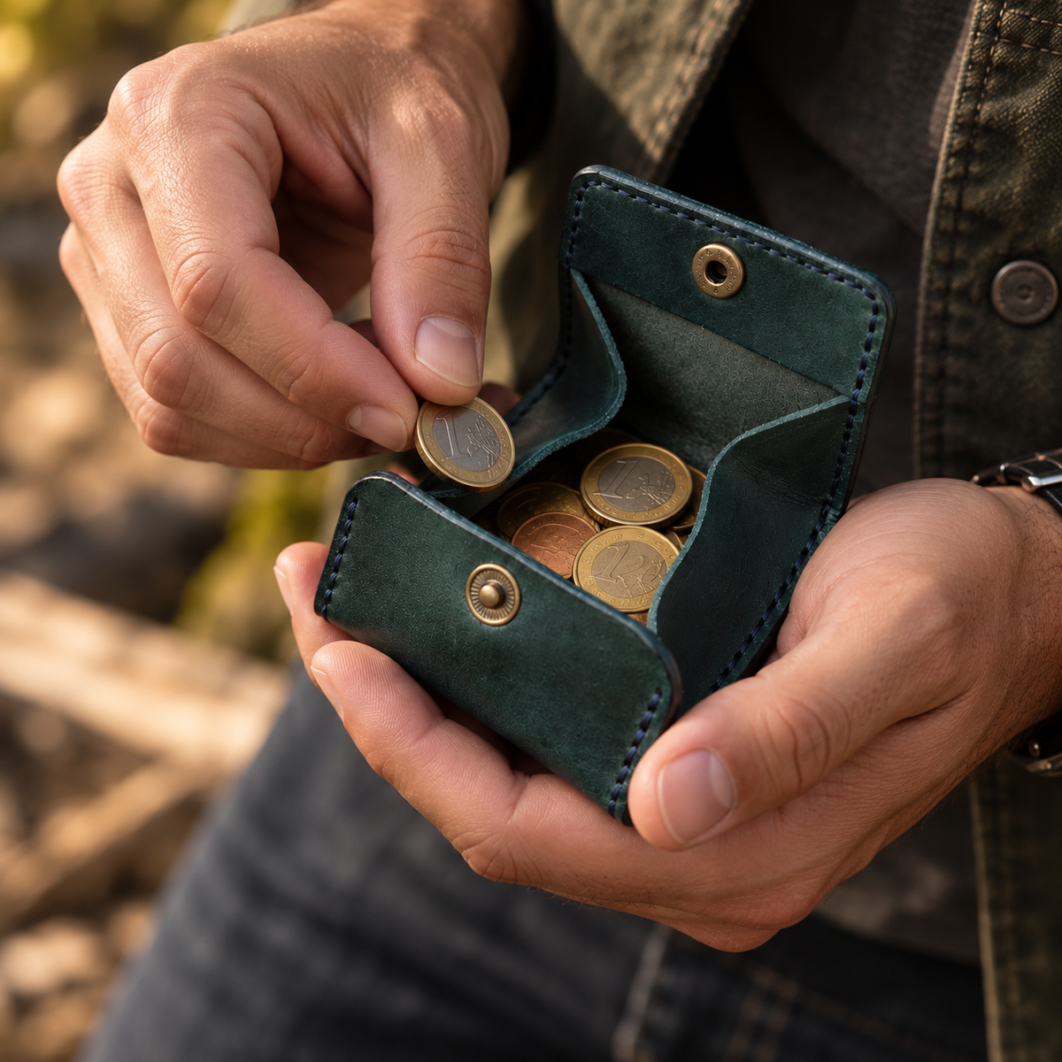 Pieno Coin Wallet aus italienischem Leder. In der Hand gehalten und geöffnet