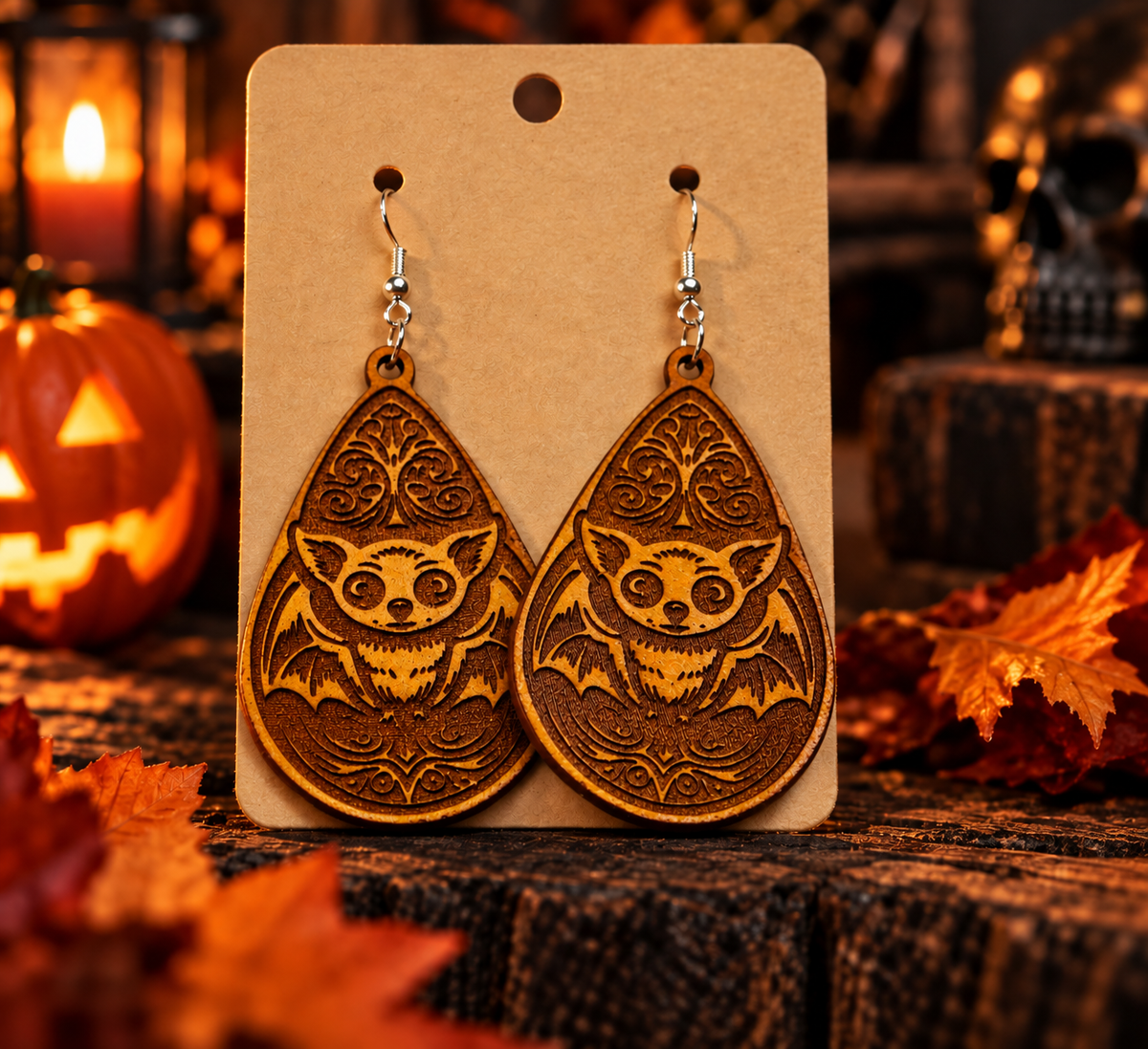 Halloween-Ohrringe aus Leder – Fledermaus, Hexe & Schädel